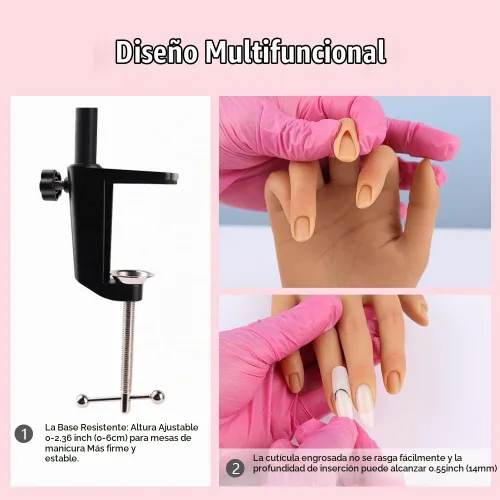 Vista 4 de Mano de práctica de silicona para uñas acrílicas, manos de maniquí para práctica de uñas con soporte ajustable, mano falsa de tamaño real para uñas