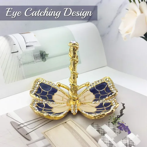 Vista 4 de Matashi Organizador de joyas de mariposa chapado en oro con esmalte azul y cristales, elegante soporte para anillos, regalo ideal para ella