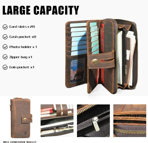 Vista 4 de Handadsume Genuino caballo loco cuero viaje regalo moneda bolsillo tarjeta caso largo organizador cadena Rfid monedero con broche para hombres