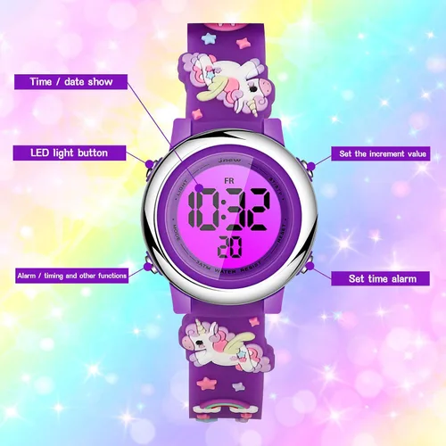 Vista 2 de 2 Pieces Kids Unicorn Watch Toddler Watch and Silicone Wristband Cute 3D Kids Digital Watch Waterproof 7 Color Lights Watch with Alarm Stopwatch