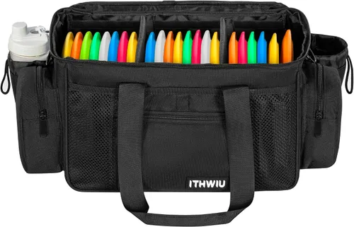 Vista 6 de Bolsa de almacenamiento de disco de golf duradera de gran capacidad con divisores y múltiples bolsillos laterales, color negro
