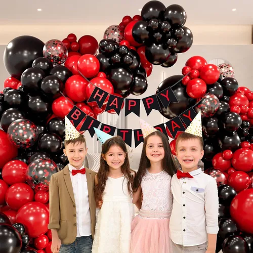 Vista 7 de Kit de guirnalda de arco de globos rojos y negros con globos de confeti negro y rojo para graduación, aniversario, San Valentín, Año Nuevo
