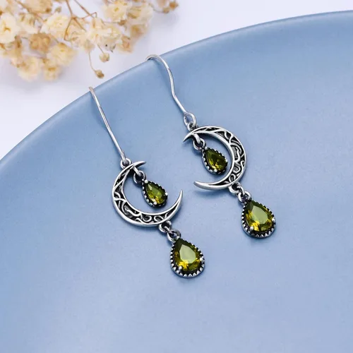 Vista 3 de VONALA Aretes de luna para mujer, plata de ley 925, aretes colgantes de luna celta, esmeralda, amatista, rubí, zafiro, rosa, peridoto, aguamarina