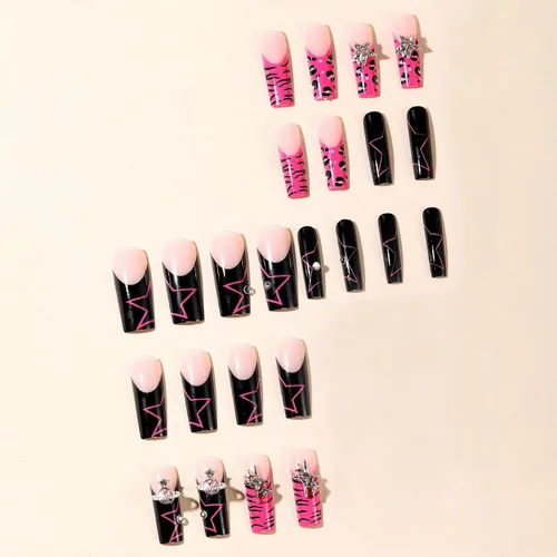 Vista 2 de MISUD Uñas a presión – Uñas cuadradas largas con pegamento rosa y negro, acrílico Y2K diseño de dijes de 24 piezas