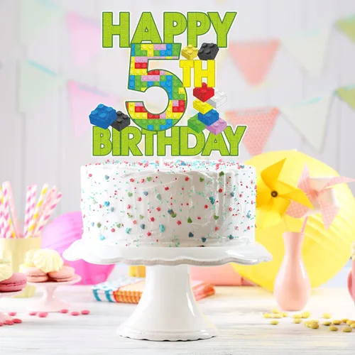 Vista 2 de Decoración de pastel de bloque de construcción de feliz 5º cumpleaños – Juegos de rompecabezas para fiesta de 5 cumpleaños de niño, suministros