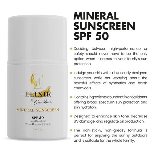Vista 2 de Elixir by Cocó March Protector solar mineral SPF 50 para rostro y cuerpo, protección solar de amplio espectro, resistente al agua 80 minutos