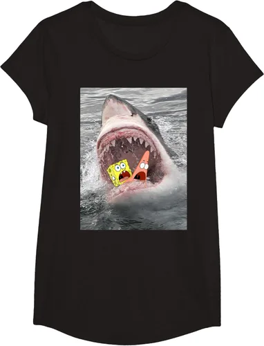 Vista 3 de Camiseta divertida de Bob Esponja con diseño de tiburón y ataque de tiburón para hombres y mujeres Negro
