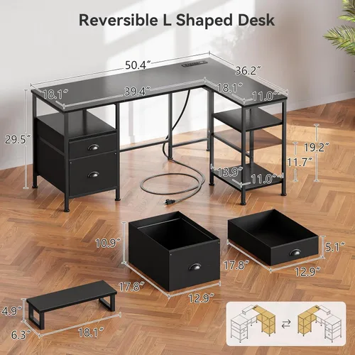 Vista 3 de Furologee Escritorio para computadora en forma de L con toma de corriente, escritorio reversible de oficina en casa para estudio de trabajo, mesa