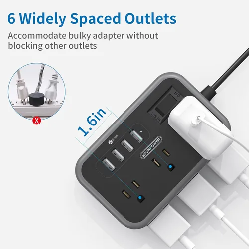 Vista 3 de NTONPOWER - Cable de extensión de enchufe plano de 10 pies, regleta de alimentación con 6 salidas ampliamente espaciadas (2 lados) con 4 puertos