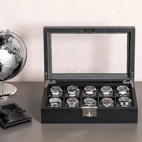 Vista 4 de ROTHWELL Caja de reloj de cuero con 10 ranuras, organizador de joyas de lujo, soporte para reloj con tapa de cristal grande, organizador de caja