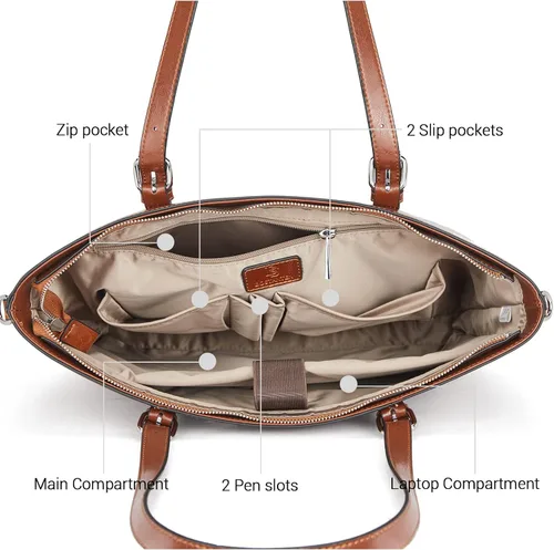 Vista 5 de BOSTANTEN Bolso de mano de cuero para mujer para laptop, bolsa al hombro de oficina, maletín vintage de 15.6 pulgadas, bolso de trabajo