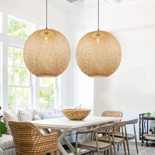 Vista 9 de Arturesthome Luces Colgantes de Bambú de 15.7", Candelabro de Mimbre Redondo, Pantalla de Lámpara de Canasta Boho Tejida a Mano, Luz de Techo