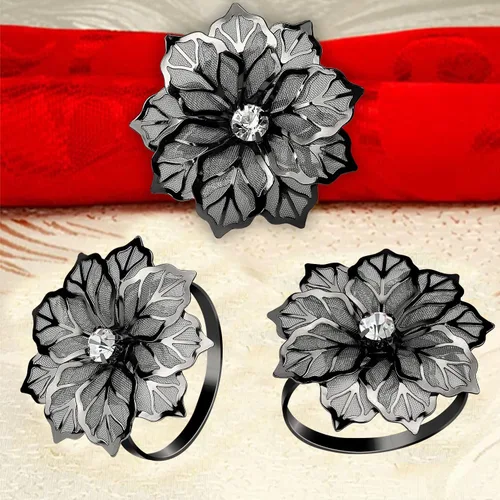 Vista 7 de KPOSIYA - Juego de 12 servilleteros de flores, servilleteros de metal negro, para boda, fiesta, día festivo, banquete de Navidad, cena, delicados