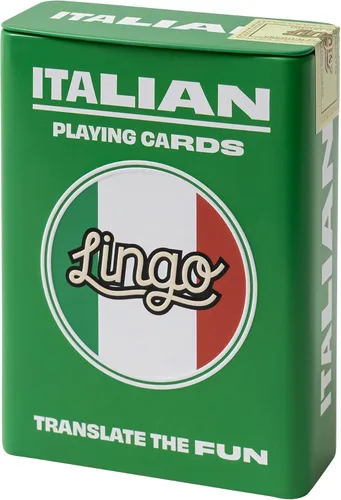 Vista 5 de Lingo Naipes italianos en lata de viaje premium Aprende vocabulario y frases italianas para adultos y principiantes Edición de caja de regalo