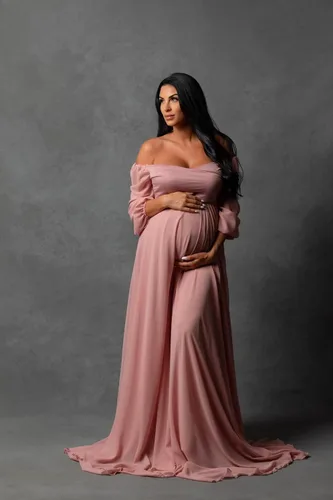 Vista 2 de Fivsole Vestido de maternidad de manga larga de gasa para sesión de fotos, hombros descubiertos, vestidos de maternidad para embarazo, vestidos