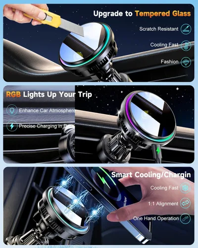 Vista 6 de Para Qi2 Cargador de Montaje de Coche MagSafe de 15W con Luz RGB, Soporte Magnético Inalámbrico de Enfriamiento por Hielo para Teléfono, Carga