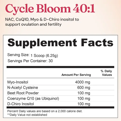 Vista 8 de CycleBloom 40:1 Myo-inositol & D-Chiro Inositol Powder – Suplemento Nac N-acetil cisteína, ubiquinol CoQ10 y remolacha – Balance hormonal