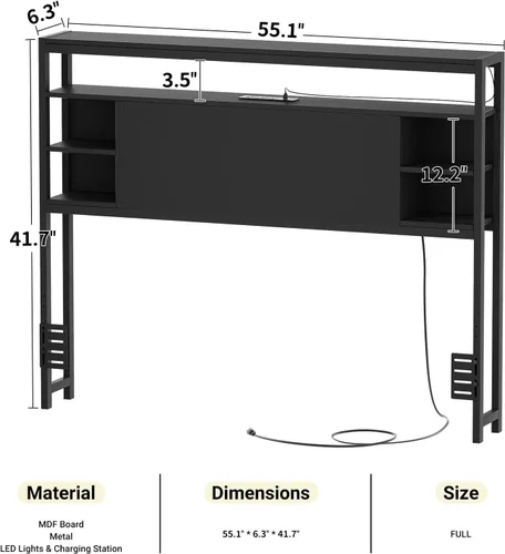 Vista 3 de Unikito Cabecera de tamaño completo con almacenamiento, cabecera con enchufes y luz LED RGB, cabeceras resistentes para cama de tamaño completo