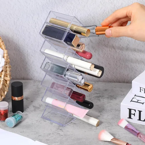 Vista 6 de Organizador de lápiz labial de 4 piezas, 16 espacios, torre de lápiz labial apilable en forma de pez, soporte de almacenamiento de brillo de labios