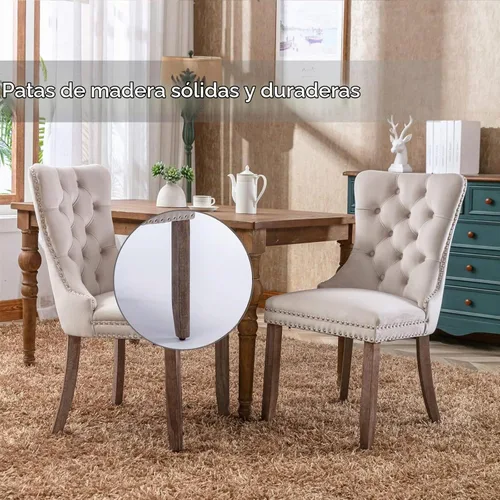 Vista 7 de Juego de 2 sillas de comedor de terciopelo beige, modernas sillas de cocina tapizadas