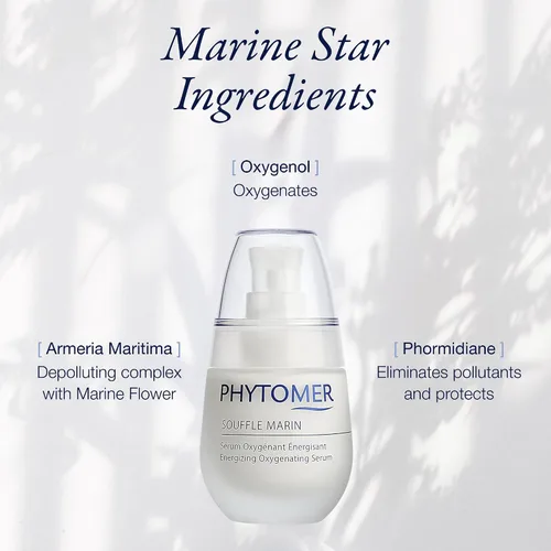 Vista 4 de Phytomer Souffle Marin - Suero facial energizante Suero oxigenante antienvejecimiento para cara y cuello Crema hidratante facial corrige la piel