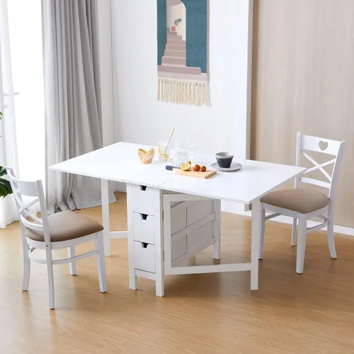 Vista 7 de Livinia Wings - Mesa de comedor de madera con patas de puerta, madera maciza expandible, con hoja caída, ahorro de espacio, con 6 cajones totalmente