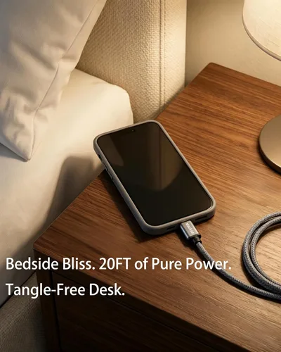 Vista 6 de Meokse Cable USB A a USB-C extralargo de 20 pies, nailon trenzado de alta densidad, conector de aluminio extendido, juego de sofá y potencia lejana