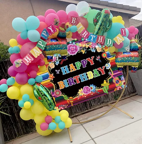 Vista 5 de Telón de fondo de cumpleaños mexicano para fotografía, fiesta temática, fiesta de cumpleaños, suministros de decoración, fondo de cabina de fotos