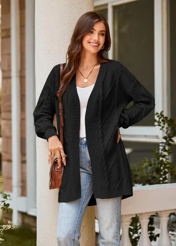 Vista 3 de GRACE KARIN Cárdigan de manga larga para mujer, de gran tamaño, grueso, de punto trenzado, casual, frente abierto, longitud hasta la cadera, ropa