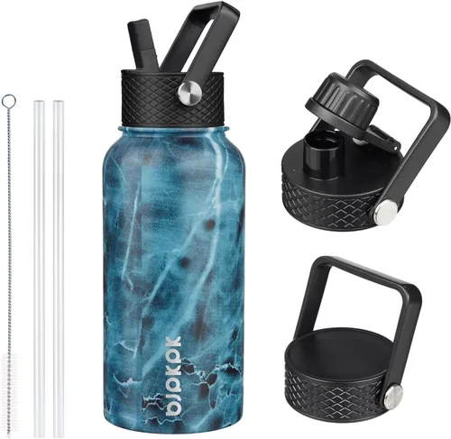 Vista 65 de BJPKPK Botellas de Agua Aisladas con Tapa de Pajita, Botella de Agua de Acero Inoxidable de 18oz, Termo Frío Caliente con 3 Tapas, Vaso de Viaje a