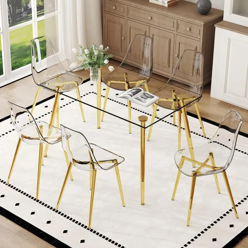 Vista 11 de Juego de mesa de comedor de vidrio Ebullient para 4, mesa de 51" de vidrio templado transparente con patas de metal negro y 4 sillas de acrílico