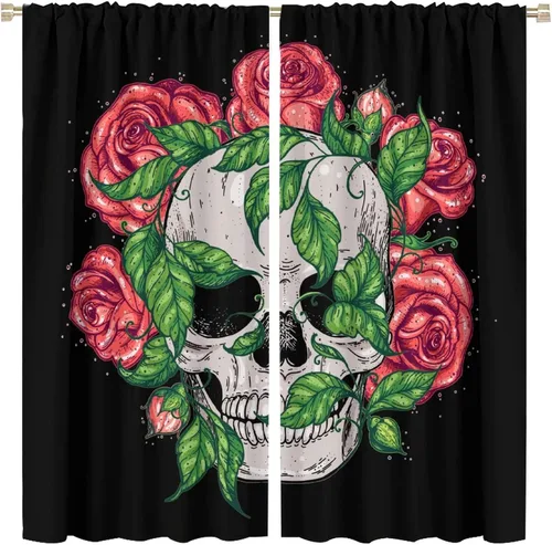 Vista 26 de Cortinas de cabeza de calavera, calavera blanca y rosas rojas con ramas y hojas negras, cortinas opacas decorativas para sala de estar, dormitorio