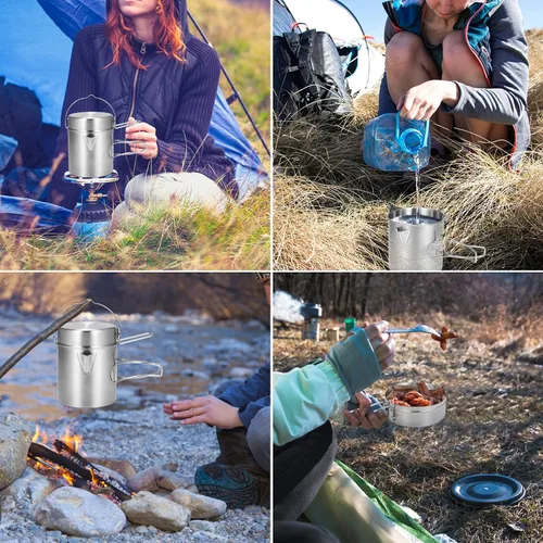 Vista 8 de Lixada Hervidor de cocina para camping, olla de acero inoxidable de 1 litro con mango plegable y cubierta de doble uso, portátil para senderismo