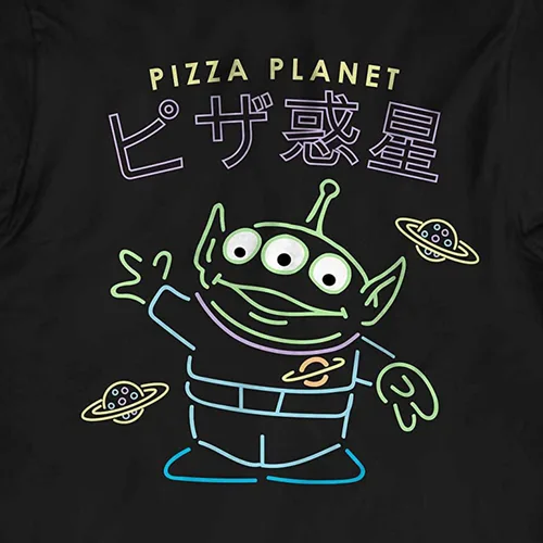 Vista 3 de Camiseta de Toy Story Group para hombre, Woody, Buzz Lightyear, Rex & Pizza Planet Aliens, hecha en los años 90 Kanji clásica