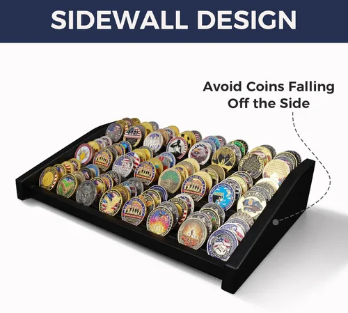 Vista 5 de Challenge - Soporte de exhibición de monedas, 12 filas de madera maciza, soporte militar para monedas con capacidad para 80-100 monedas, estante