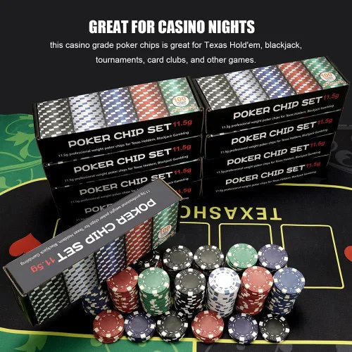 Vista 2 de 100 fichas de póquer de casino de 5 colores, juego de fichas de casino, fichas de casino de 0.41 oz para juegos de cartas de casino Texas Holdem