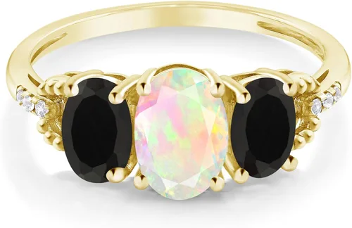 Vista 2 de Gem Stone King Anillo de compromiso de 3 piedras de oro amarillo ovalado blanco etíope negro y blanco de 10 quilates para mujer
