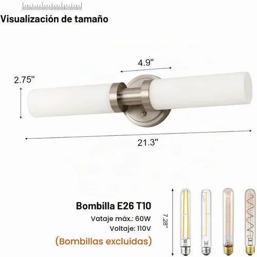 Vista 4 de SANTOSTOCK Lámparas de baño de níquel cepillado, 2 luces de tocador con pantalla de vidrio blanco, apliques modernos para pared, espejo, cocina