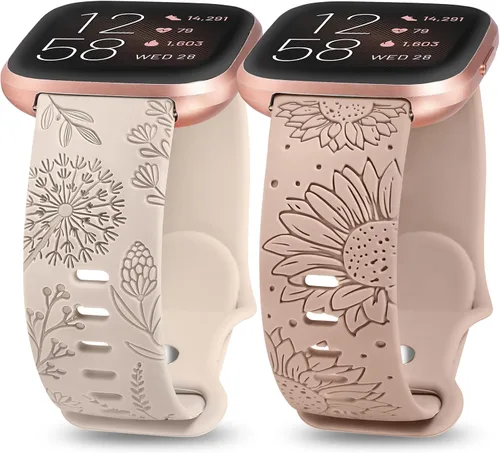 Vista 8 de Paquete de 2 correas con grabado floral compatibles con Fitbit Versa 2/Fitbit Versa/Versa Lite para mujeres, linda correa deportiva de silicona
