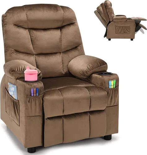 Vista 13 de Costzon Silla reclinable para niños con soporte para tazas, silla de salón de terciopelo ajustable con reposapiés y bolsillos laterales