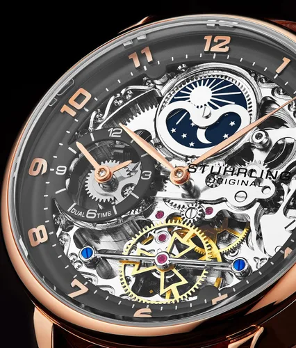 Vista 2 de Stuhrling - Reloj de esqueleto automático para hombre, esfera analógica, doble hora, indicador AMPM Sun Moon