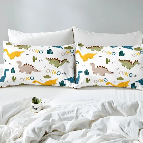 Vista 6 de Lindo juego de ropa de cama con dinosaurios, juego de funda de edredón con dibujos animados de cactus, funda de edredón decorativa, funda de edredón