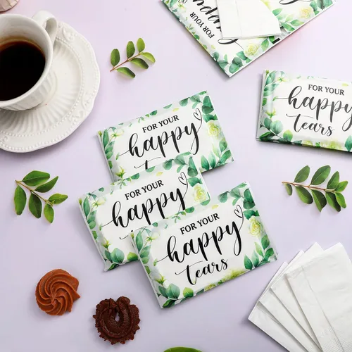 Vista 4 de Lincia Paquete de 100 pañuelos de papel de lágrimas felices para boda, 3 capas, pañuelos de boda para invitados, tamaño de viaje, papel facial a