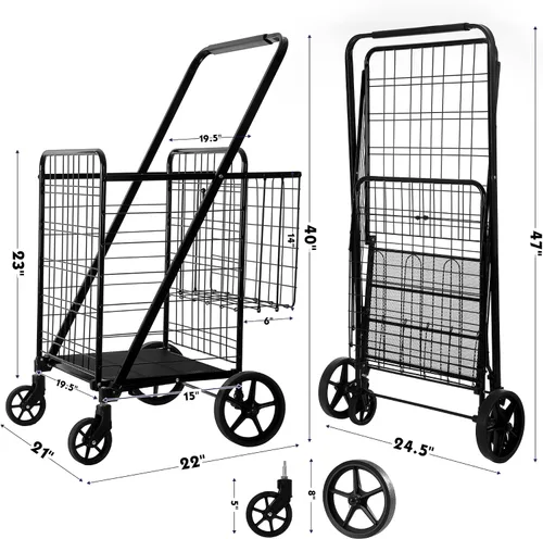 Vista 3 de BIEAMA Carrito de compras plegable, carrito de comestibles, capacidad de 450 libras, carrito utilitario con ruedas giratorias giratorias de 360°