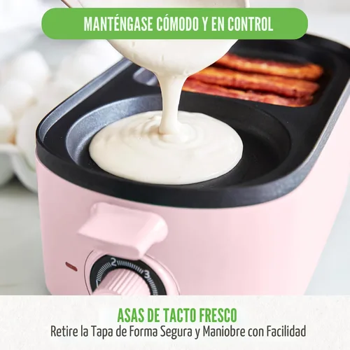 Vista 6 de Estación de preparación de desayuno 3 en 1 GreenLife, planchas duales antiadherentes de cerámica saludables para huevos, carne, salchichas, tocino