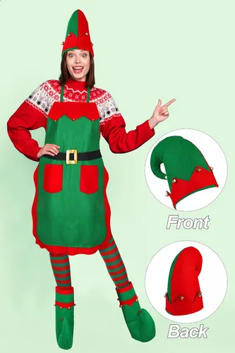 Vista 6 de Hiwooii - Disfraz de elfo de Navidad para adulto, disfraz de ayudante de Papá Noel, incluye sombrero de delantal de elfo con cascabel, zapatos