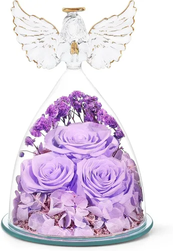 Vista 13 de Regalos de rosas preservadas para mujeres, flores frescas eternas en cristal con figuras de ángel para entrega, rosas moradas para abuela, mamá