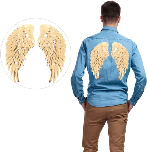 Vista 4 de jojofuny Sequin Angel Wings Sewing Patches for Clothes 2 Pairs Gold Embroidered Fabric Applique Decorative Patch for Jackets DIY Garment Accessory