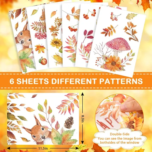 Vista 3 de AnyDesign 6 hojas de calcomanías de otoño para ventana, hojas de otoño, ardilla, calcomanías de ventana de doble cara extraíbles para ventana