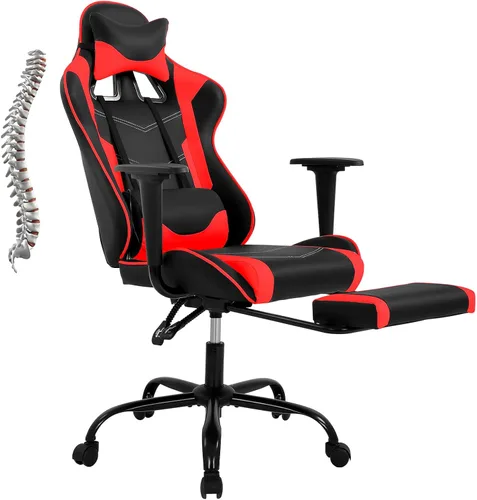 Vista 8 de Silla de juegos con reposapiés y soporte lumbar de masaje, silla reclinable de altura ajustable con respaldo alto para adultos, giratoria 360